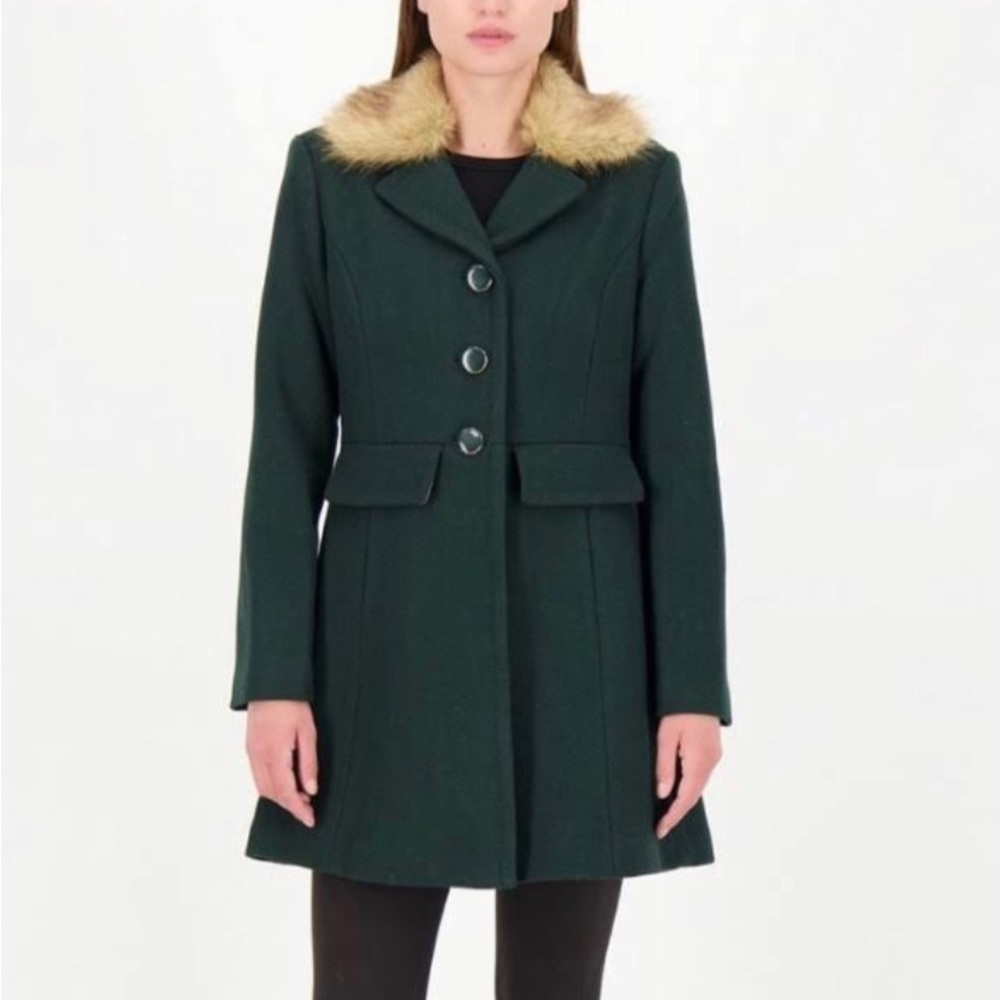 Kate Spade Faux Fur Collar Wool Blend Coat in Deep Pine
